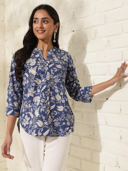 Fabindia - Cotton Blue Floral Print Mandarin Neck Shirt