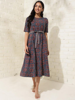 Fabindia - Cotton Multi-Color Floral Print Boat Neck Panelled Belted Dress