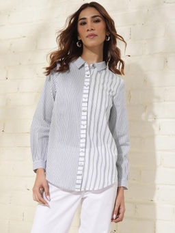 Fabindia - Cotton White Stripes Print Spread Collar Full Sleeves Thigh Length Shirt