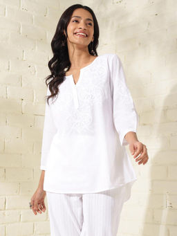 Fabindia - Cotton White Embroidered Chikankari Round Neck Placket Top