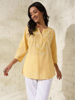 Fabindia - Cotton Yellow Embroide Orange Chikankari Round Neck Placket Top