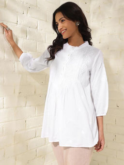 Fabindia - Cotton White Embroidered Chikankari Mandarin Neck Placket Top