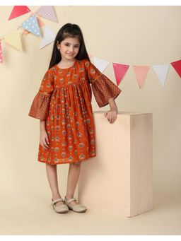 Fabindia - Rust Cotton Silk Hand Block Printed Dress