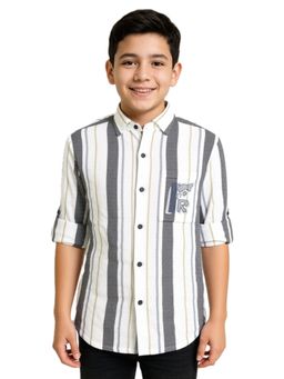 CAVIO - Grey Boys Cotton Regular Fit Striped Printed Full Sleeves Casual Shirt