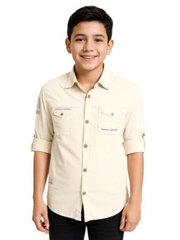 CAVIO - Cream Boys Cotton Regular Fit Full Sleeves Printed Shirt