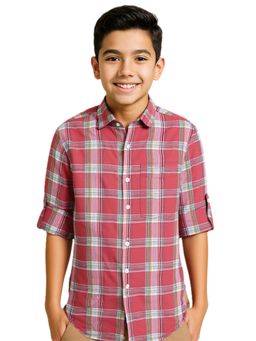CAVIO - Red Boys Cotton Regular Fit Full Sleeves Checks Shirt