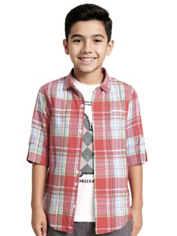 CAVIO - Red Boys Regular fit Checks Full Sleeves Casual Shirt and T-shirt