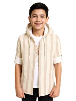 CAVIO - Beige Boys Regular Fit Full Sleeves Striped Hooded Shirt and T-shirt