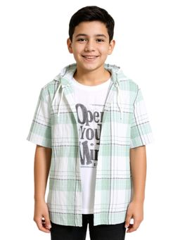 CAVIO - Green Boys Regular fit Checks Half Sleeves Casual Hooded Shirt and T-shirt