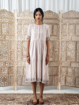 SRJANA - Resham Embroidered Side Pockets Dress with Inner - Gardenia Off White