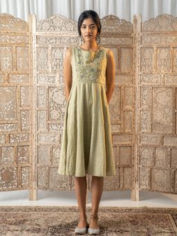 SRJANA - Resham Embroidered Flared Dress - Sage Green