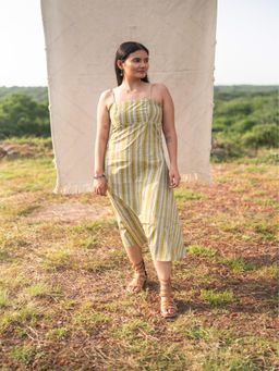 SRJANA - Hand Block Printed Long A Line Dress - Sharp Green