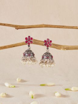 Azai by Nykaa Fashion - Oxidised Earrings with Flower Motif & Off White Stones