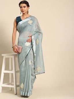Odette - Sky Blue Cotton Embroidered Saree with Unstitched Blouse