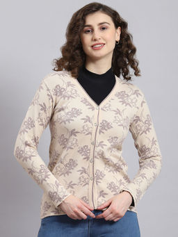 Monte Carlo - Beige Floral Printed V-Neck Cardigan