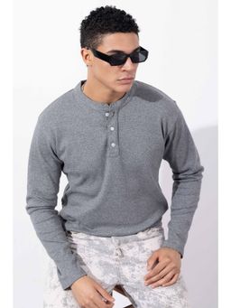 GRITSTONES - Men Grey Full Sleeve Textured Henley T-Shirt