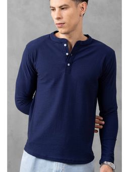 StyleStone - Men Navy Blue Ottoman Textured Henley T-Shirt