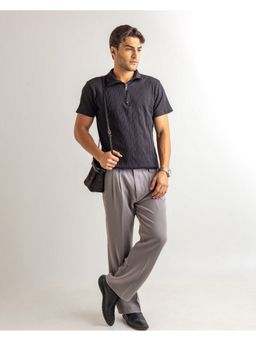 GRITSTONES - Men Grey Stripe Cotton Rib Zipper Polo T-Shirt