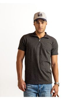 GRITSTONES - Men Black Half Sleeve Printed Cotton Zipper Polo T-Shirt