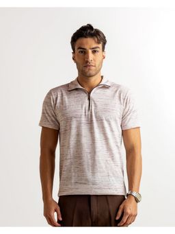 GRITSTONES - Men Cream Textured Cotton Rib Zipper Polo T-Shirt