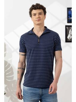 GRITSTONES - Men Navy Blue Printed Cotton Zipper Polo T-Shirt