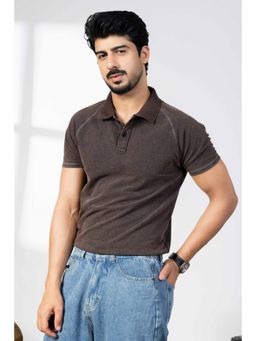 StyleStone - Men Brown Acid Washed Collar Polo T-Shirt