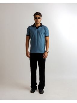 GRITSTONES - Men Blue Textured Cotton Polo T-Shirt