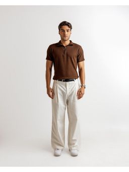 GRITSTONES - Men Brown Textured Cotton Rib Zipper Polo T-Shirt