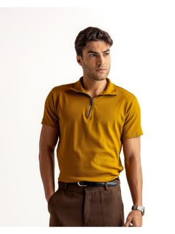 GRITSTONES - Men Mustard Textured Cotton Rib Zipper Polo T-Shirt