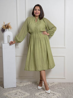 Label Tanvee - Olive Green Solid Midi Dress