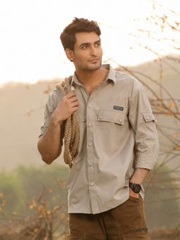 Perch - Men Beige Cotton Solid Utility Arm Pocket Shirt