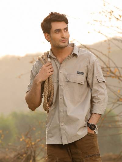 Men Beige Cotton Solid Utility Arm Pocket Shirt