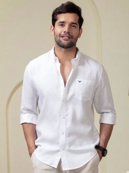 Perch - Men White Linen Cotton Button Down Solid Shirt