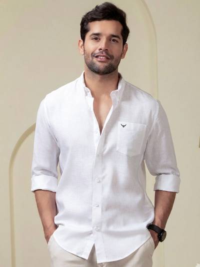 Men White Linen Cotton Button Down Solid Shirt