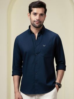 Perch - Men Navy Blue Linen Cotton Button Down Solid Shirt