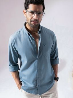 Perch - Men Sky Blue Linen Cotton Button Down Solid Shirt