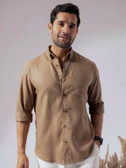 Perch - Men Brown Linen Cotton Button Down Solid Shirt