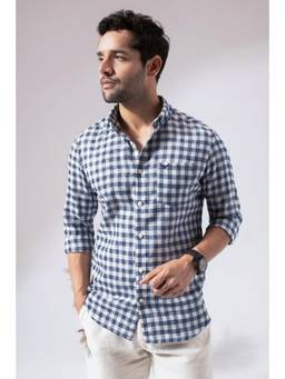 Perch - Men Blue Check Linen Cotton Shirt