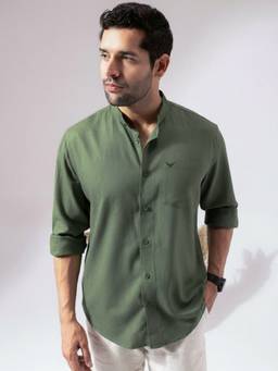 Perch - Men Moss Green Linen Cotton Band Collar Shirt