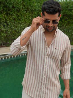 Perch - Men's Rust Collar Neck Stripes Slim Shirt