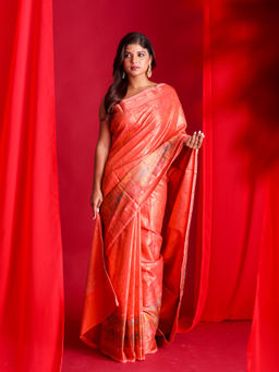 Beatitude - Orange Woven Banarasi Saree with Unstitched Blouse