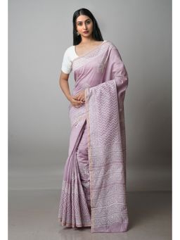 Unnati Silks - Pale Pink Pure Block Printed Chanderi Sico Saree with Unstitched Blouse
