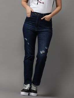 SHOWOFFFF - Womens High-rise Navy Blue Mildly Distressed Jeans