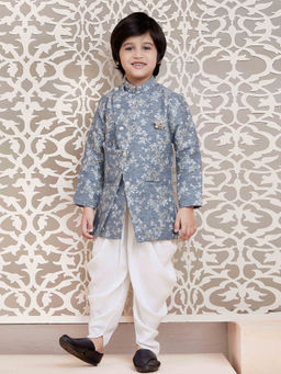 Mini Stitch - Indo Western Grey Jacquard Jacket with White Cotton Dhoti (Set of 2)