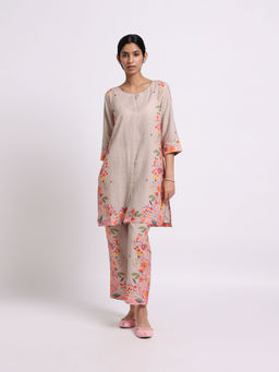 Bombay Bloom - Mocha Beige Romance Linen Kurta Pant (Set of 2)