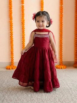 BownBee - Girls Sequined Maroon Tier Gown with Net Dupatta
