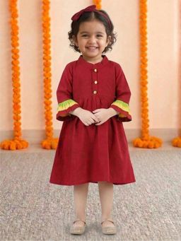 BownBee - Girls Maroon Frill Cotton Frock with Headband