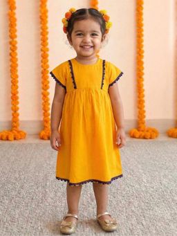 BownBee - Girls Orange Pure Cotton Panelled Summer Frock
