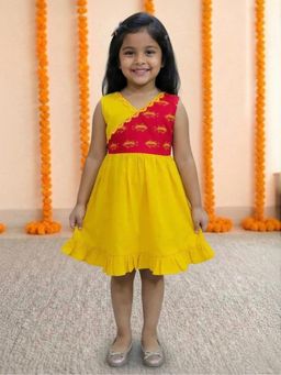 BownBee - Girls Yellow Pure Cotton Embroidered Summer Frock