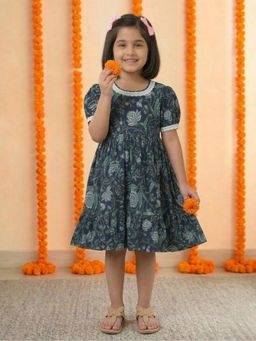 BownBee - Girls Navy Blue Pure Printed Cotton Puff Sleeve Summer Frock